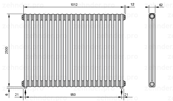 Схема (чертеж) Радиатор Zehnder Charleston 2250/22 №5310 Белый глянцевый RAL 9016
